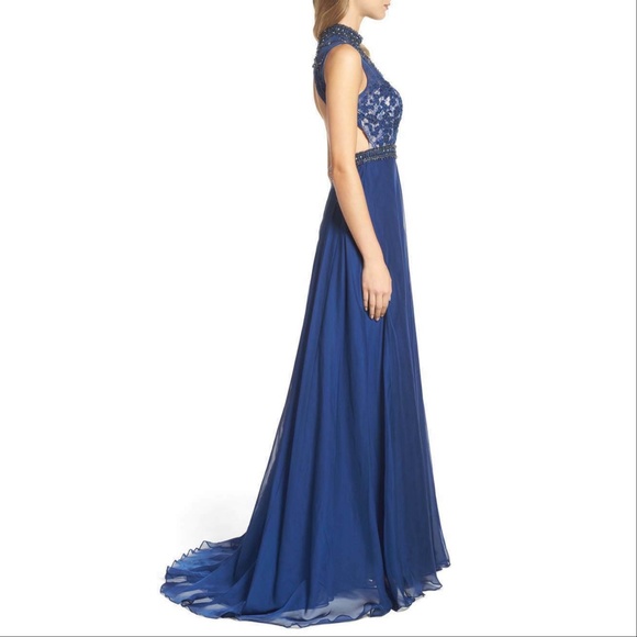 Mac Duggal 62383 Beaded Lace Hi Slit Chiffon Gown